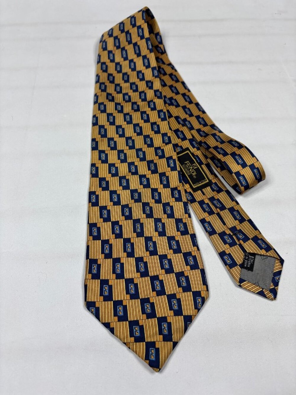 VTG Fendi Silk Tie Gold Navy Zucca FF Monogram Geometric Made In Italy 90s Luxur